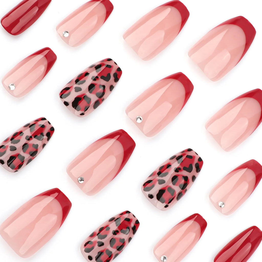 24 Pcs French Autumn/Winter New Arrival: Red Leopard Print Acrylic Press on Nails Customize False Nails 3528
