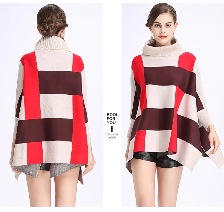 Wholesale 2025 Hot Sale Girl's Winter Cape Coats Luxury batwing Sleeve High Cloak Acrylic Knitted Warm Women's Poncho Sweater