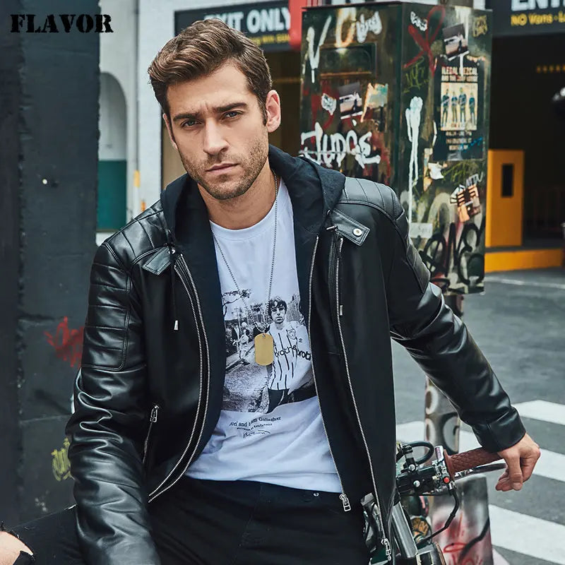 FLAVOR Men's Leather Motorcycle Jacket Black Sheepskin Real Leather Jacket With Removable Hood