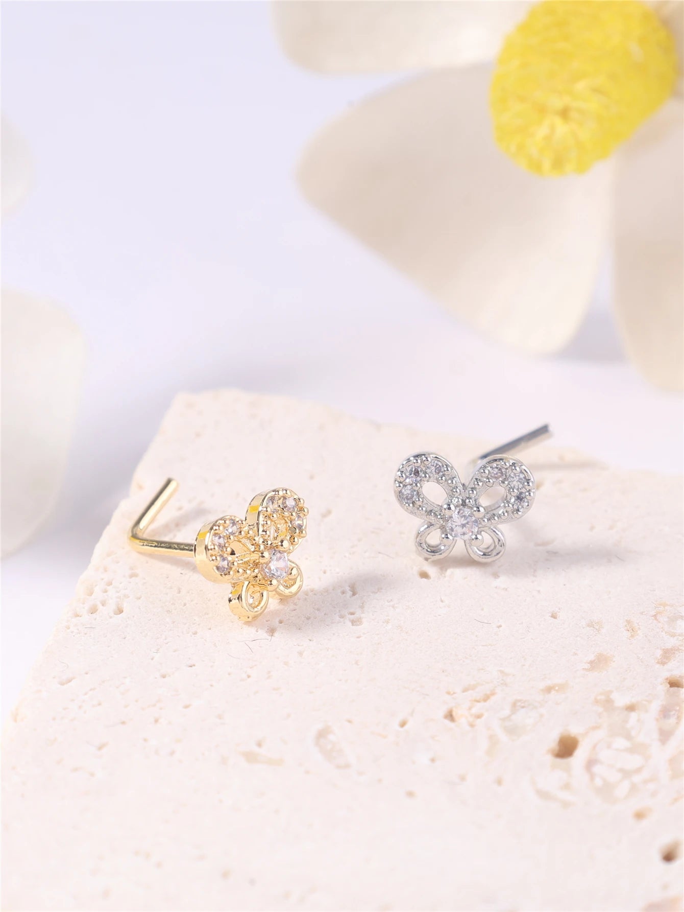 L Shaped Nose Studs Rings Butterfly Design for Women Girl Gold Silver Cute CZ Nose Pin 20G Nose Piercing Jewelry Wholesale
