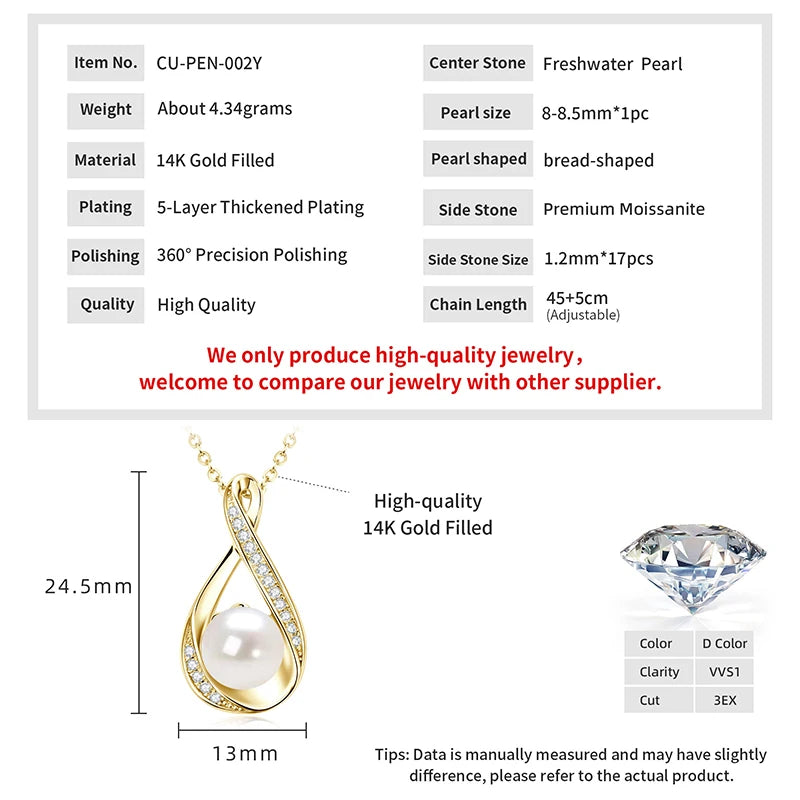 Fashion Jewelry 14K Gold Filled Moissanite 1.2mm&8-9mm Bread-shaped Natural Freshwater Cultured Teardrop Pearl Pendant Necklace