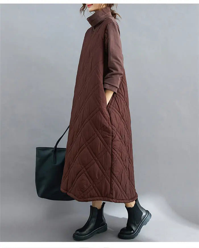 Retro Quilted Diamond Dress Thick Stitching Warm Autumn Winter Clothing New Women's High-Neck Casual Long Tunic y750