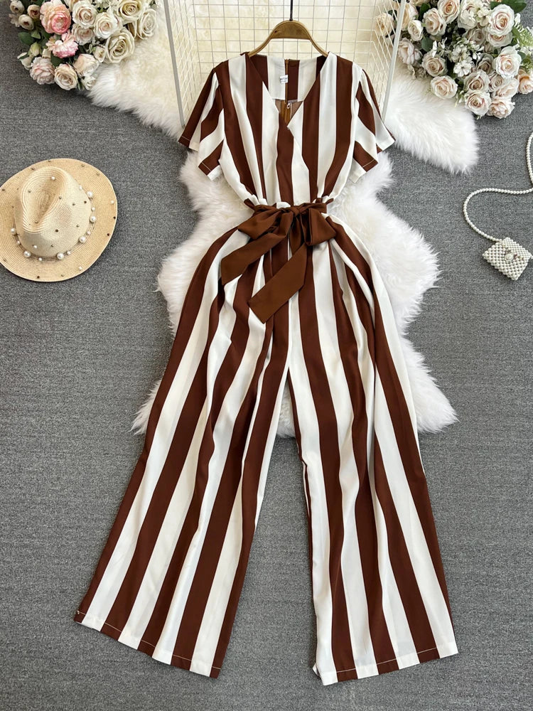 Wholesale 2026 Spring Temperament Short Sleeved V-neck Striped Casual High Waist Slim Straight Women's Jumpsuit