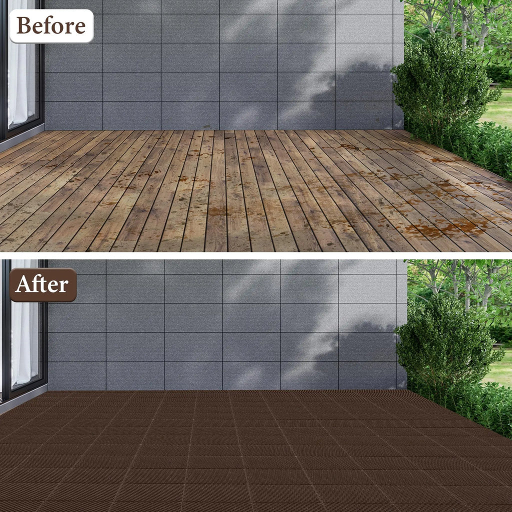 12x12 in Plastic Interlocking Deck Tiles Waterproof PVC Outdoor Flooring Pavers for Patio All Weather Outdoor Furniture