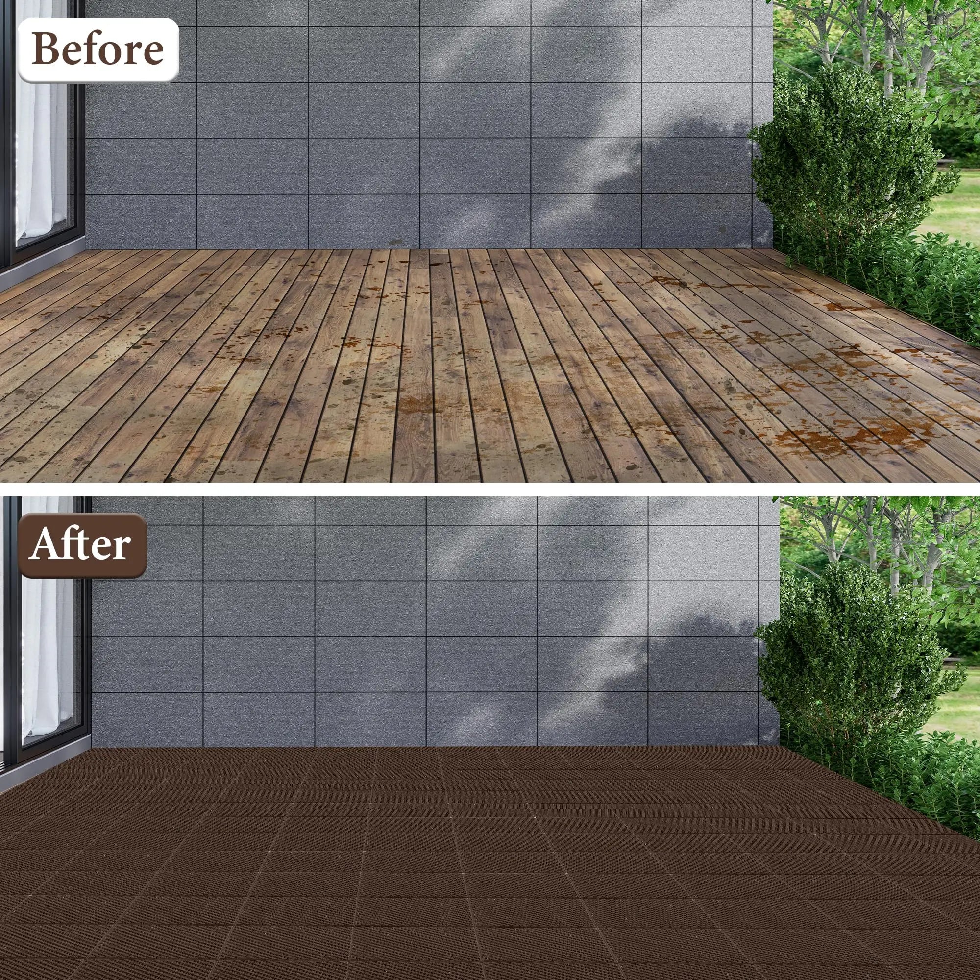 12x12 in Plastic Interlocking Deck Tiles Waterproof PVC Outdoor Flooring Pavers for Patio All Weather Outdoor Furniture