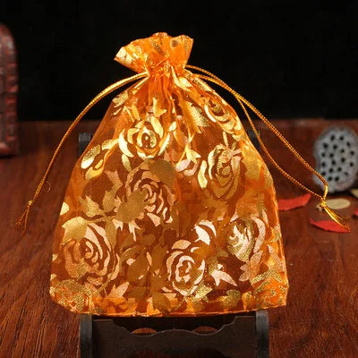 100pcs/lot 7x9 9x12 11x16 13x18cm Printing Roses Love Christmas Organza Bags Drawstring Gift Bag Charm Jewelry Packaging Bags