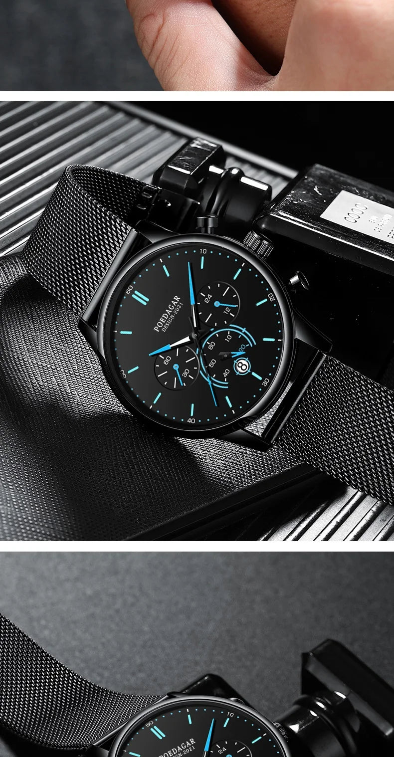 POEDAGAR Men Watch Fashion Chronograph Slim Stainless Steel Mesh Quartz Men's Wristwatch Waterproof Luminous Date Sport Watch