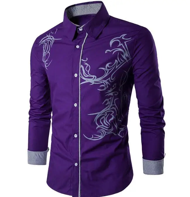 New Hot Chinese Style Dragon Pattern Print Long-sleeves Shirt Men's Social Business Slim-fit Lapel Shirt Male Tops