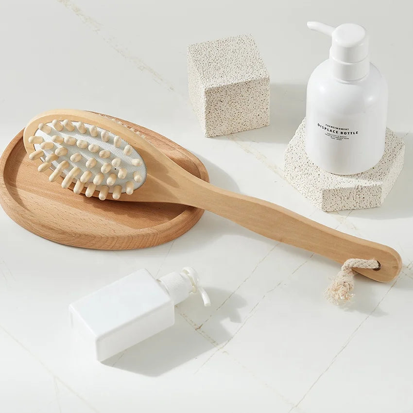 Dual-Sided Long Handle Shower Scrubber Wet & Dry Body Care Exfoliating Brush Dry Brushing with Loofah Sponge Removes Dead Skin