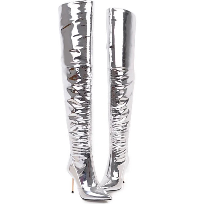 Shiny Silver Super High Thin Heel Thigh High Women Boots Over the Knee High Winter Women Stiletto Shoes Super Long Boots