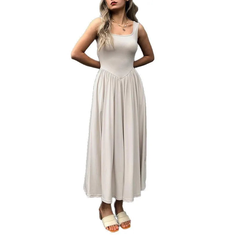2025 Summer Women Tie Dye Midi Dress Square Neck Sleeveless Pleated Casual Beach Party Outfit