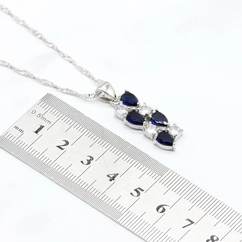 Dark Blue Sapphire 925 Silver Jewelry Set for Women Hoop Earrings Bracelet Rings Necklace Pendant for Parties Weddings Birthday