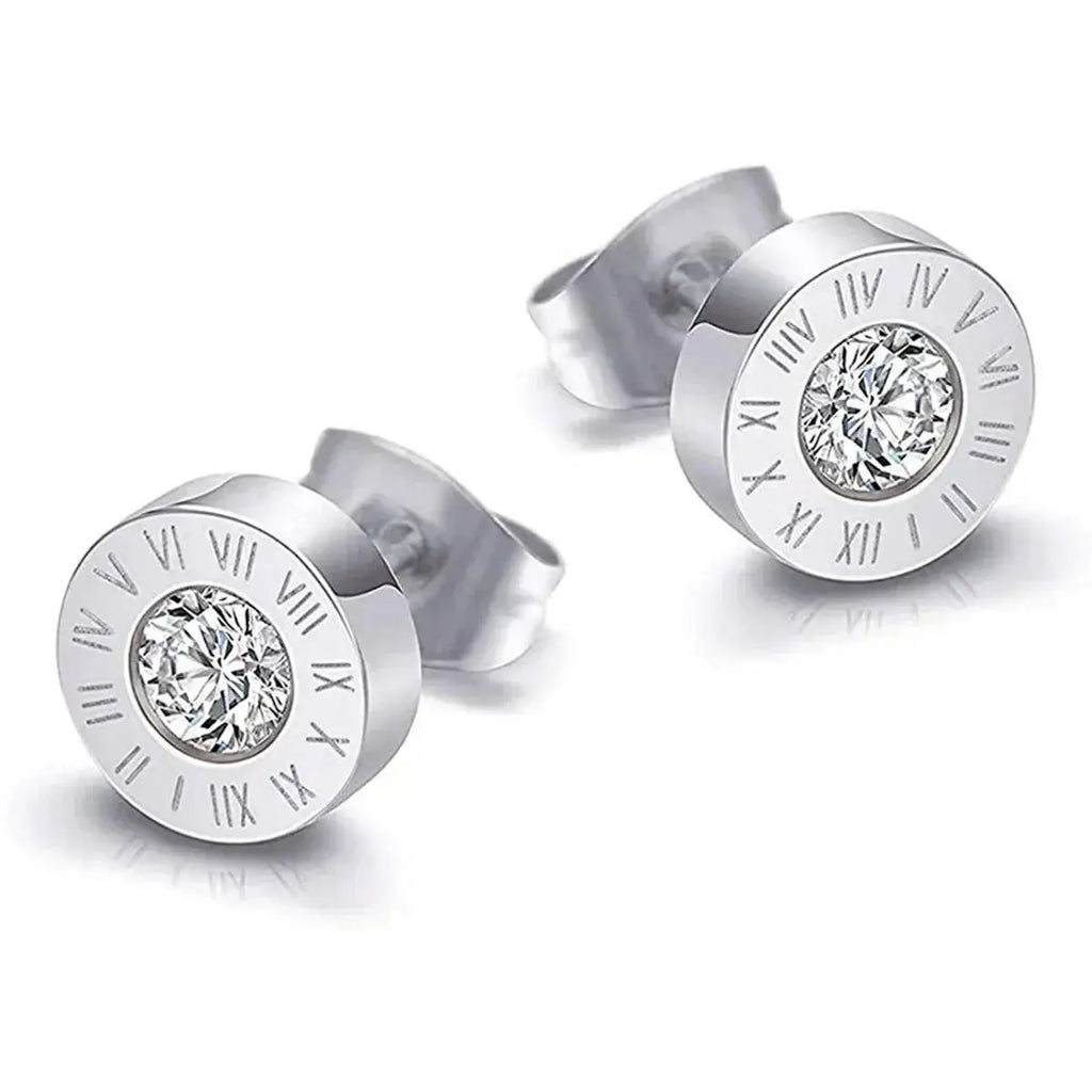 Fashion Chic Stainless Steel  Crystal Stud for Women Men Jewelry Vintage Roman Numerals Small Earring