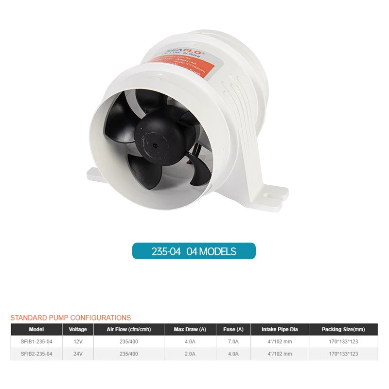 12V/24V 40A  ABS Quiet Air Blower Water Resistant High Air Flow In-Line Blower Marine Bilge Boat Blower Motor Plastic