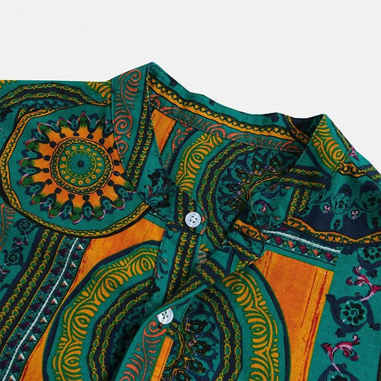 New Cotton Mens Shirt Ethnic Print Vintage Short Sleeve Streetwear Tops Tess Loose Male Beachwear Holiday Hawaiian Shirts