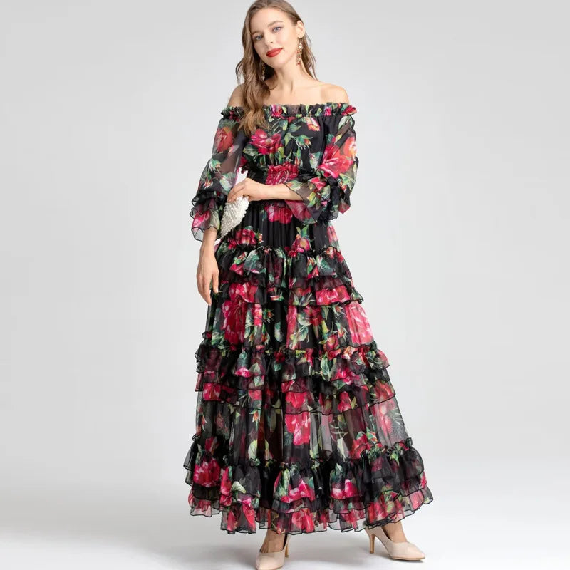 XXL Long Dress 2025 Spring Fashion Women Sexy Slash Neck Red Floral Green Leaves Print Flare Sleeve Casual Bohemia Maxi Dress