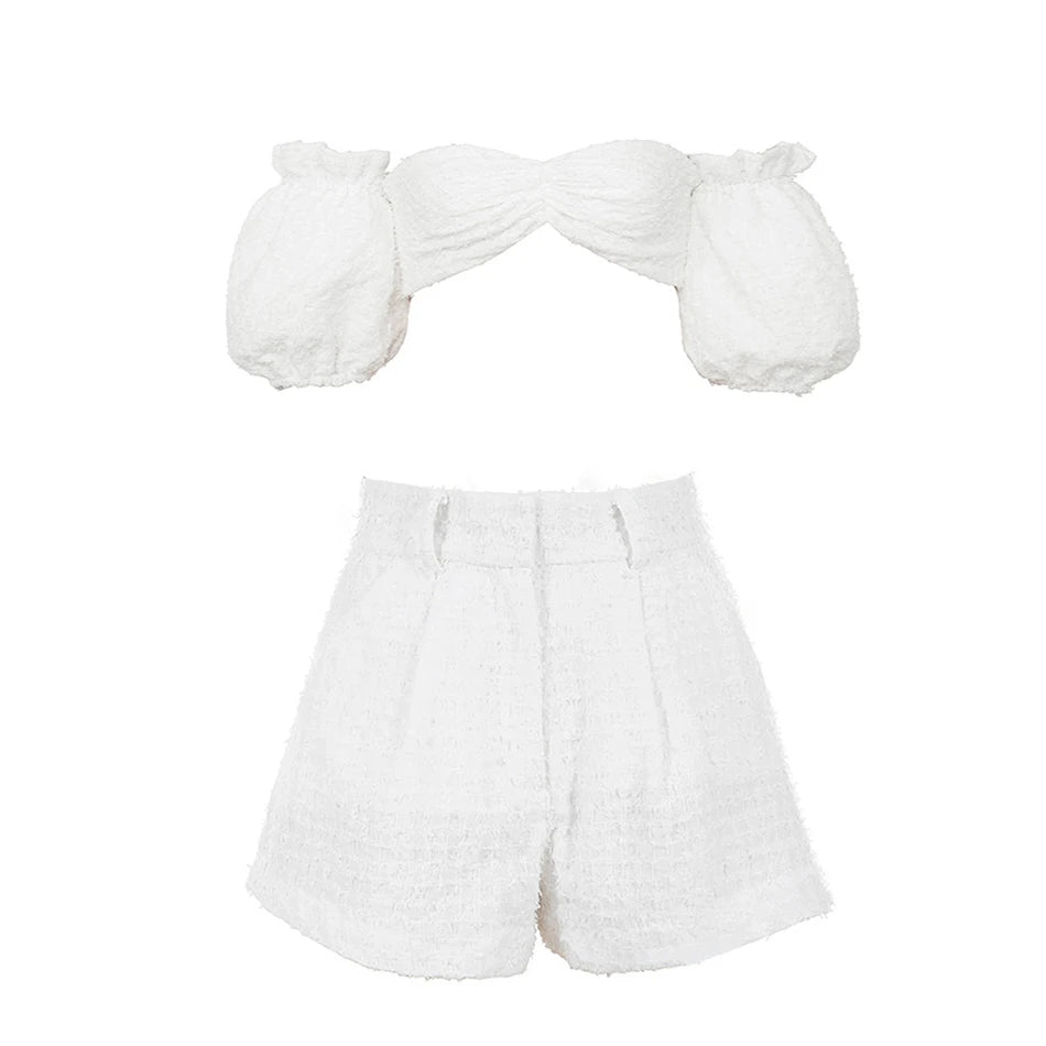 Two Piece Set Women Off Shoulder Puff Sleeve Short Crop Top High Waist Wide Shorts Tracksuit Sexy Conjunto Femenino 2 Piece Set