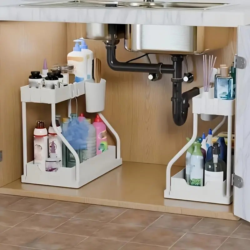 Hot Multi-functional 2 Tier Under Sink Kitchen Storage Organizer Countertop Rack Storage Containers Hooks Hanging Cup