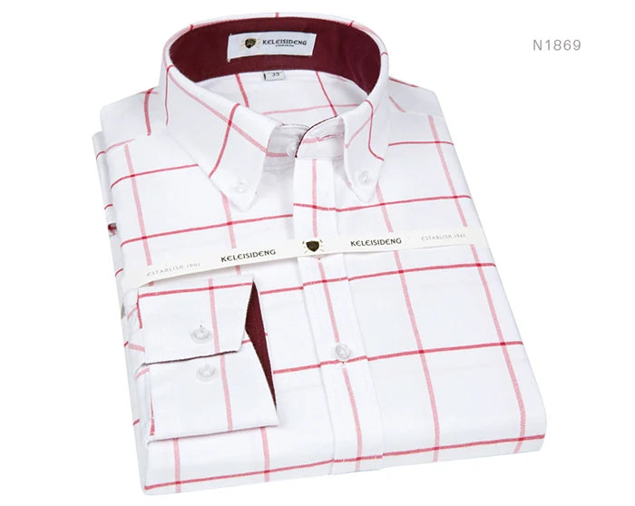 Men's Long Sleeve Thick Cotton Oxford Shirts with Front Pocket High Quality Smart Casual Stripe Plaid Button Down Dress Shirt