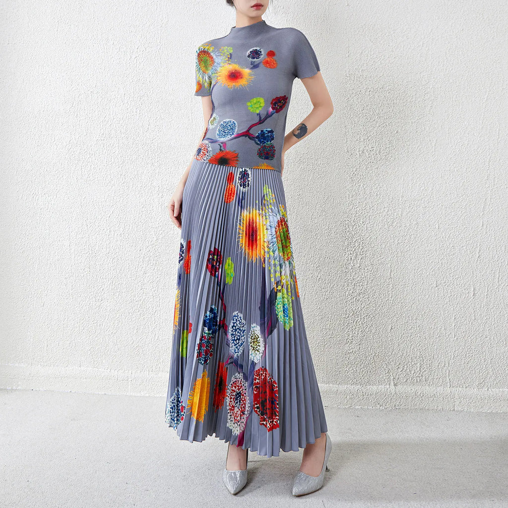 High Quality Miyake Women's Printed Pleated Skirt and Elastic O-Neck Top Loose Ankle-Length Two-Piece Set