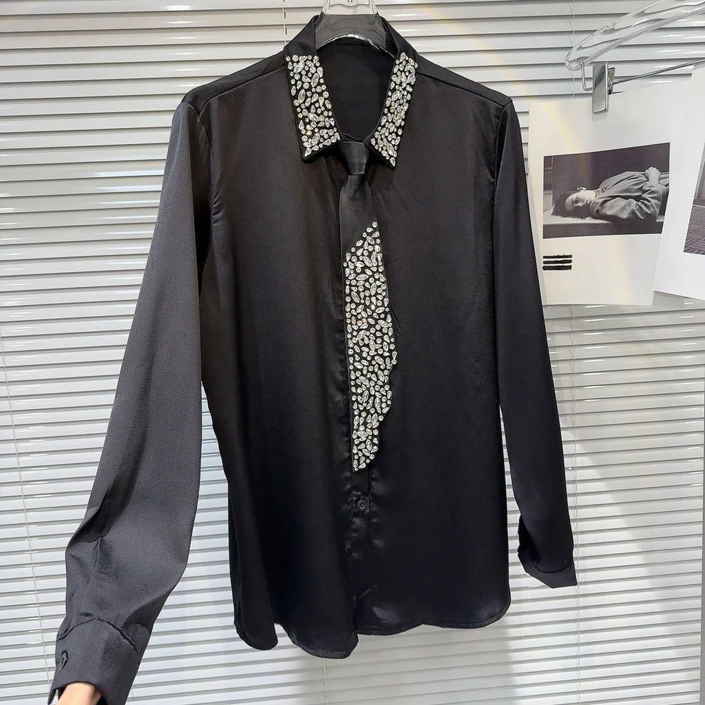 OUDINA Wholesale Candy Color Basic Style Rhinestones Simple Polo Ladies Shirt Blouses Tops Women Shirts for Women