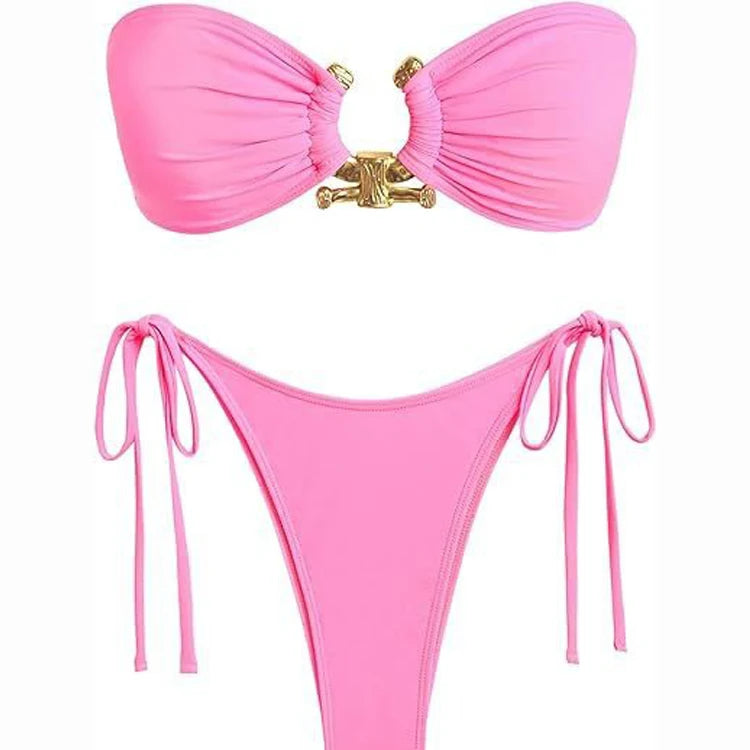 Off Shoulder Sexy 2 Piece Bikini Metal Ring Bathing Swimsuit Mini Beach Swimwear Thong Beach Wear