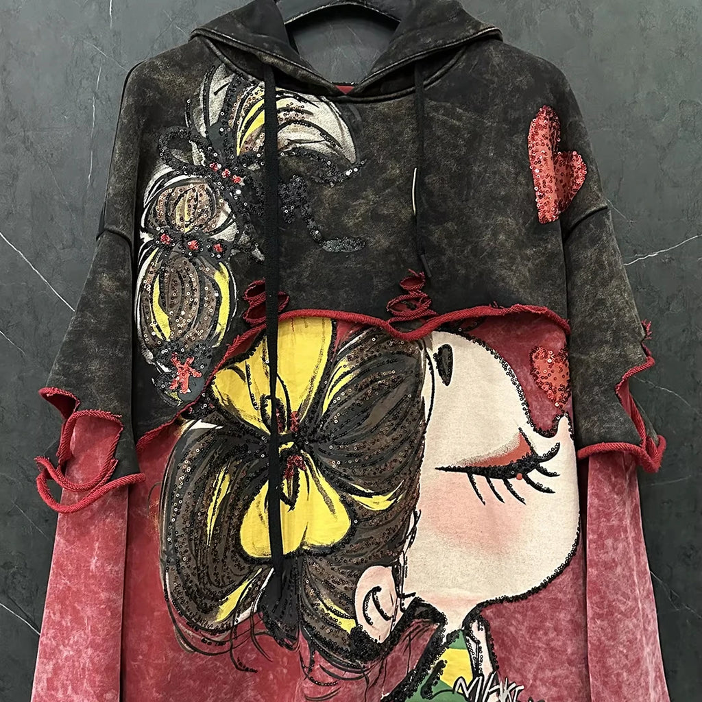 Women's Trendy Ripped Faux Two-Piece Cartoon Hooded Color-Block Sweatshirt Loose Casual Top