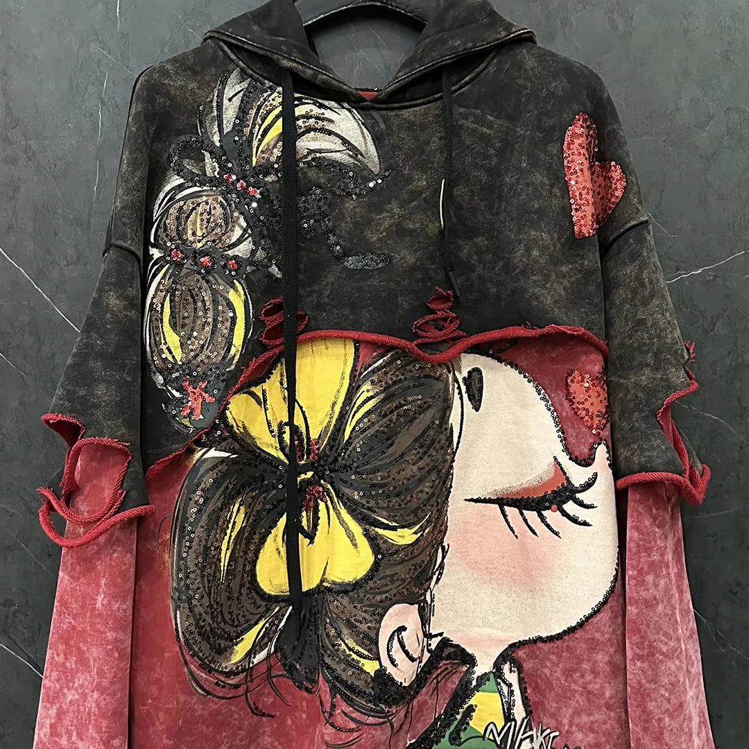 Women's Trendy Ripped Faux Two-Piece Cartoon Hooded Color-Block Sweatshirt Loose Casual Top