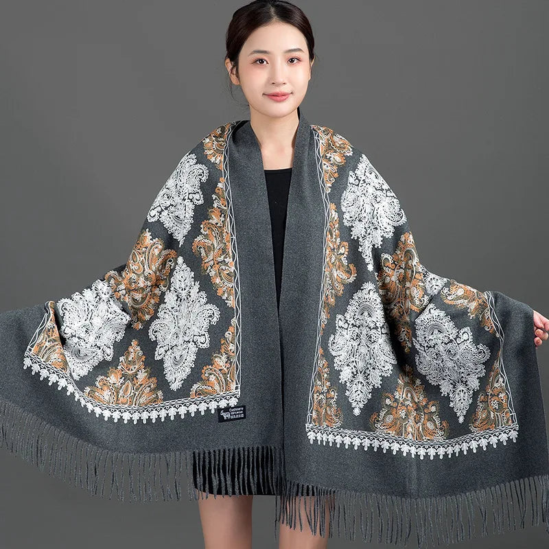 Women's Thick Warm Cashmere Winter Poncho Scarf Long Shawl Delicate Embroidery Wholesale Traditional Scarves Shawls Supplier