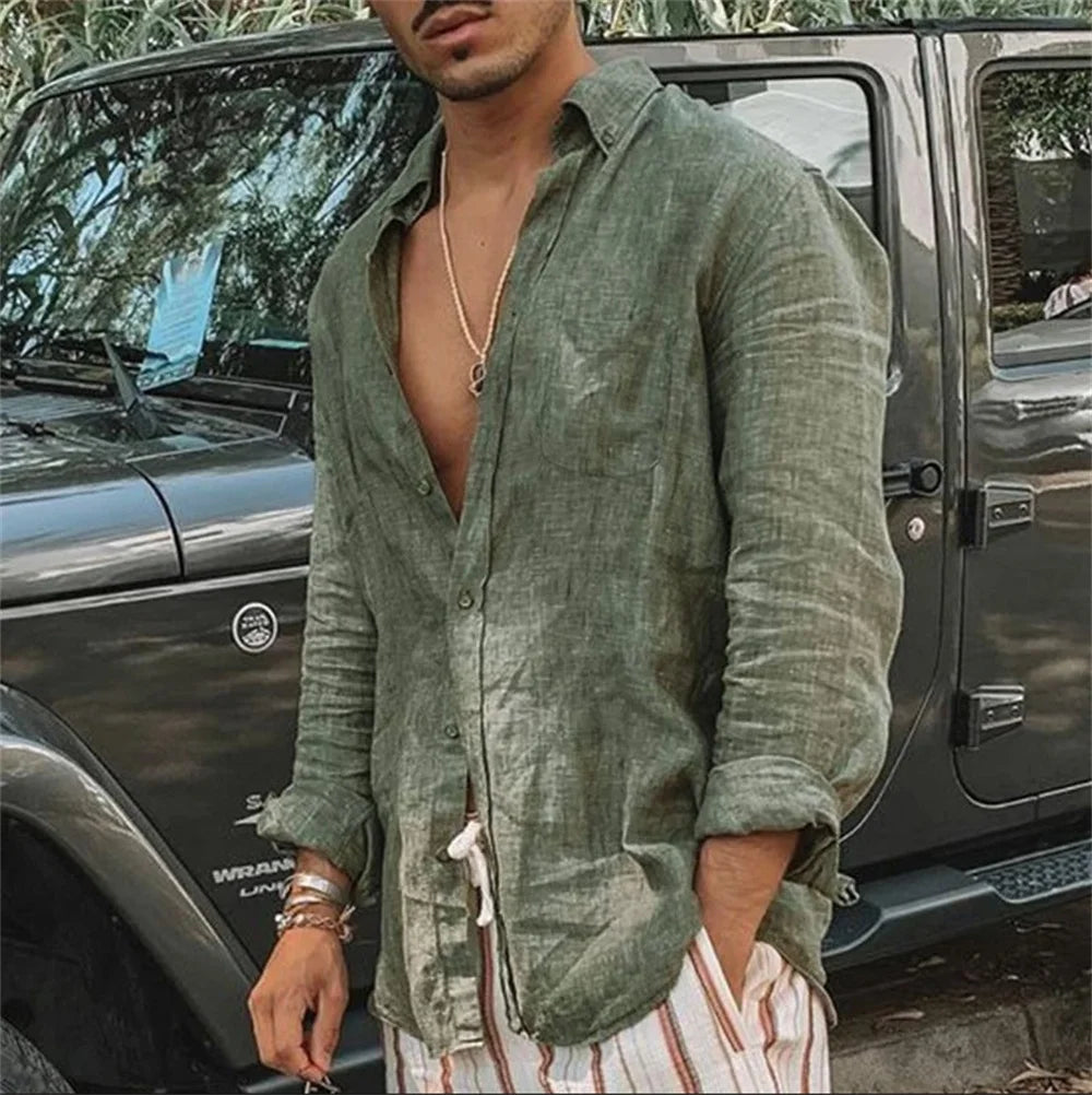 2026 Men Casual Cotton Linen ShirtsStanding Collar Male Solid Color Long Sleeves Loose Tops Spring Autumn Handsome Men's Shirts
