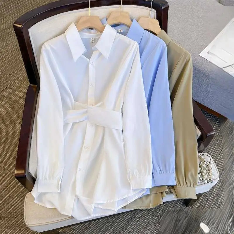 S-2XL  Spring and Autumn Design Feeling Shirt Small Group Outfits With Mid Length Tops Waist Strap Long Sleeved Top