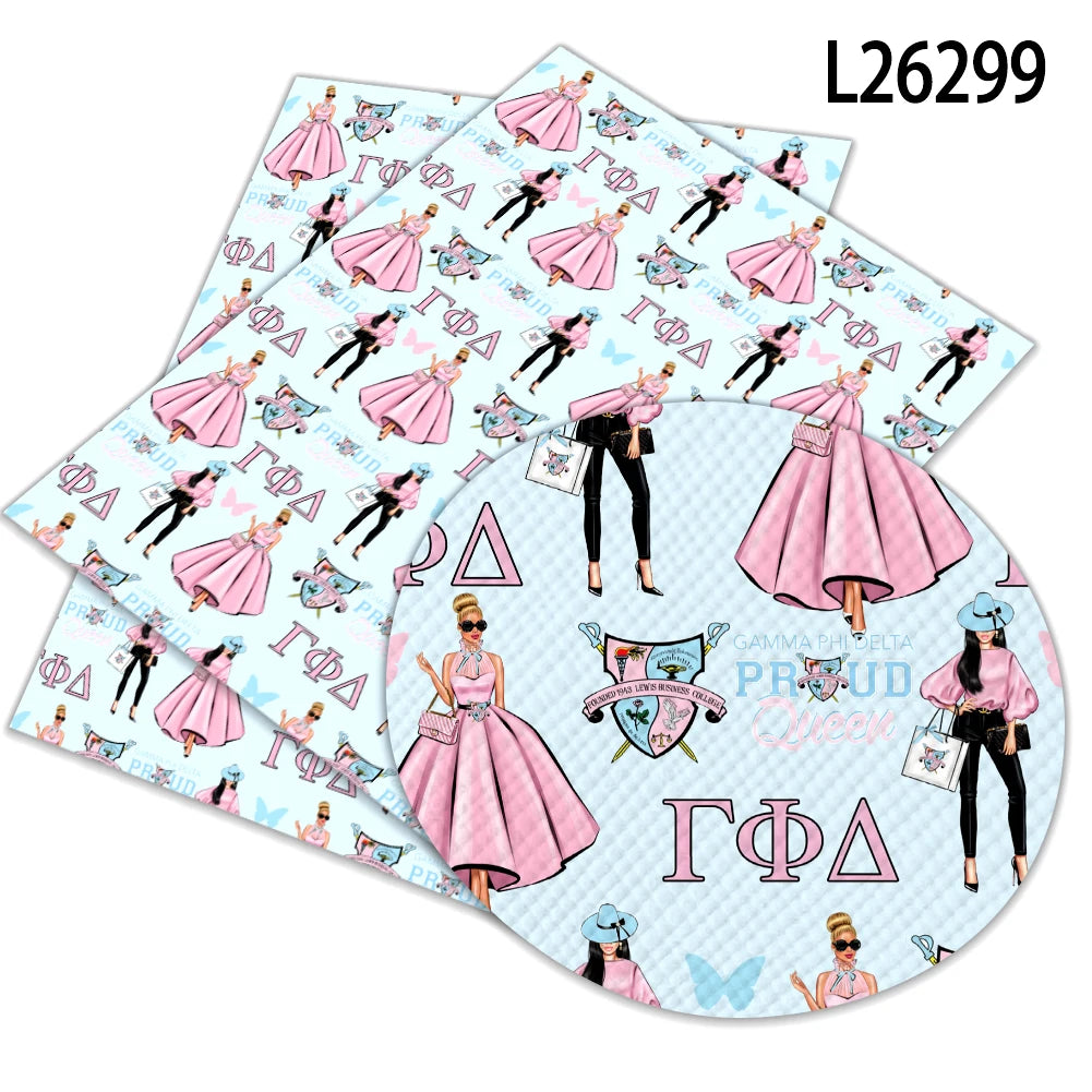 Sorority Gamma Phi Delta Pattern Faux Leather for Upholstery Mini Bag Phone case Decoration  Bow Making Synthetic Leather