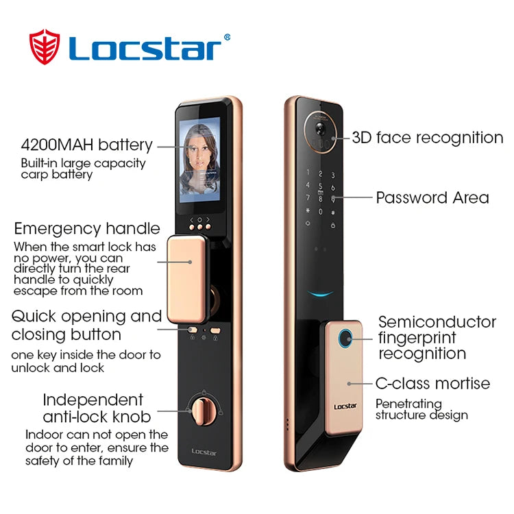 Locstar Electronic Tuya Wifi Golden Video 3D Face Recognition Digital Fingerprint Keyless Smart Door Lock for Aluminum Door