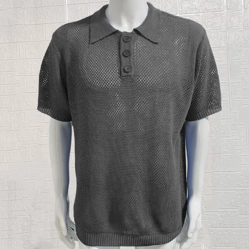 European and American Collar Sweater Men's Thin Hollow Slim Fit Short Sleeved Knitted Summer New Men's Clothing Top Short Sleeve