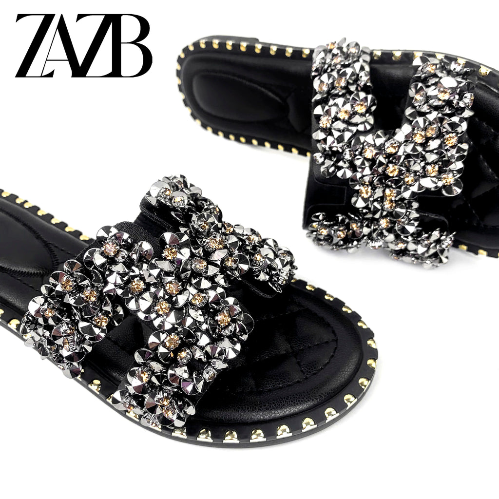 New Wholesale Design Summer square Head Leather European and American Open Toe Flat Shoes Black Womens slippers Sandals