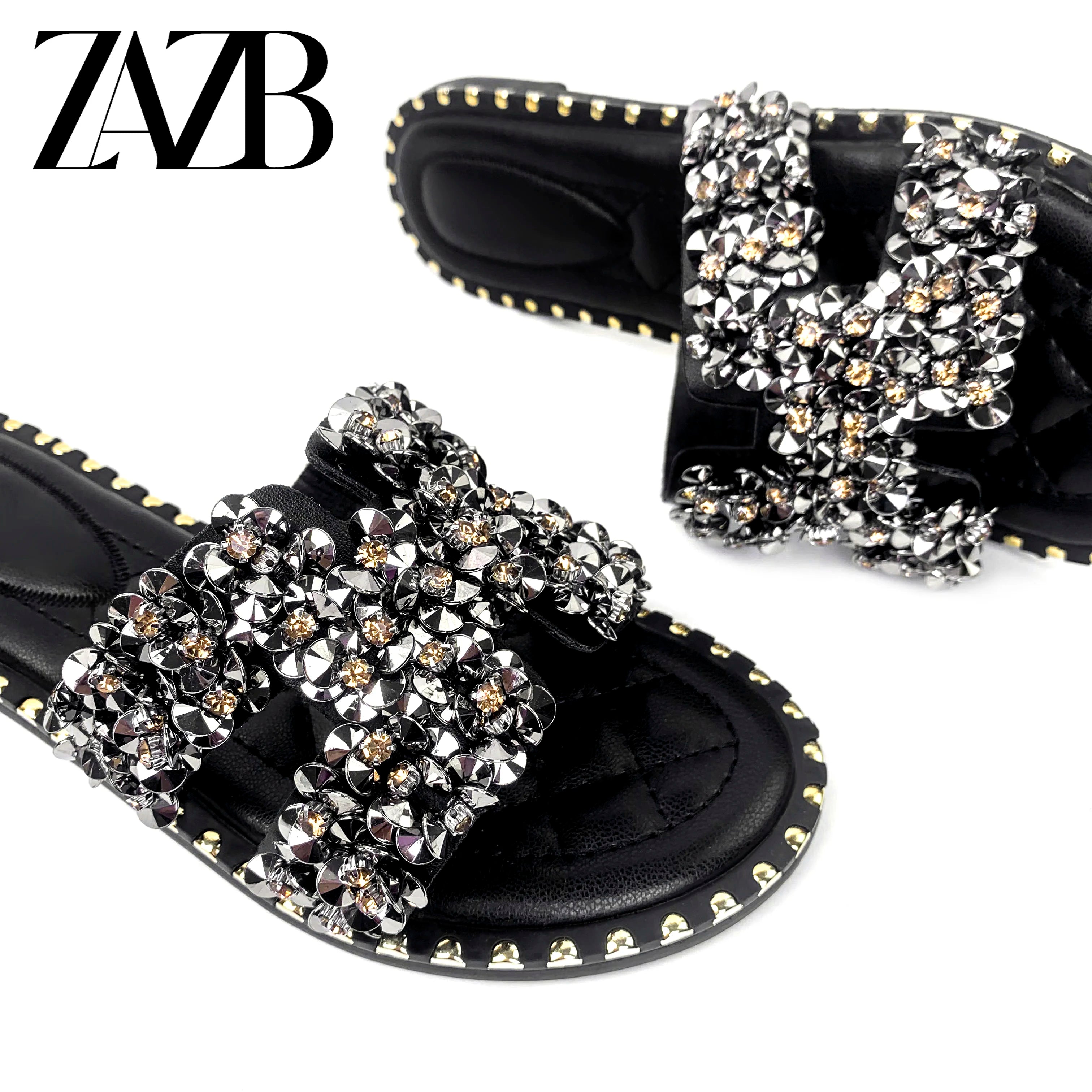 New Wholesale Design Summer square Head Leather European and American Open Toe Flat Shoes Black Womens slippers Sandals