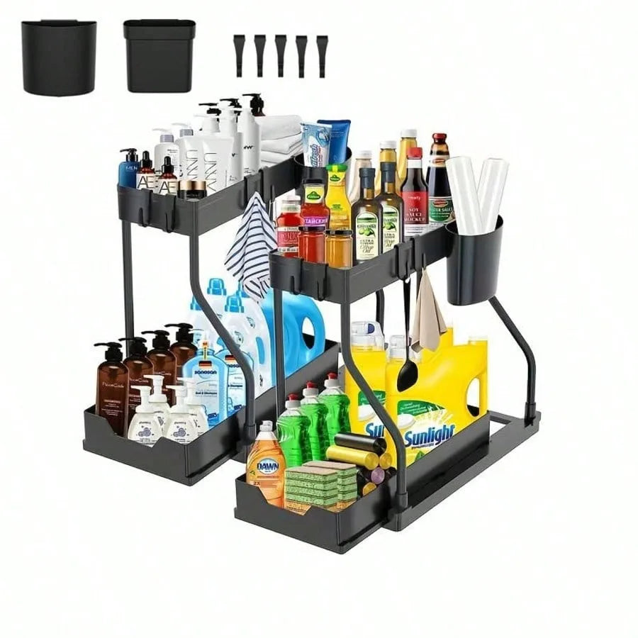 Double Tier Foldable Wall-Mounted Sliding Eco-Friendly Vintage Black Storage Boxes Kitchen Sink Organization Plastic Drawer