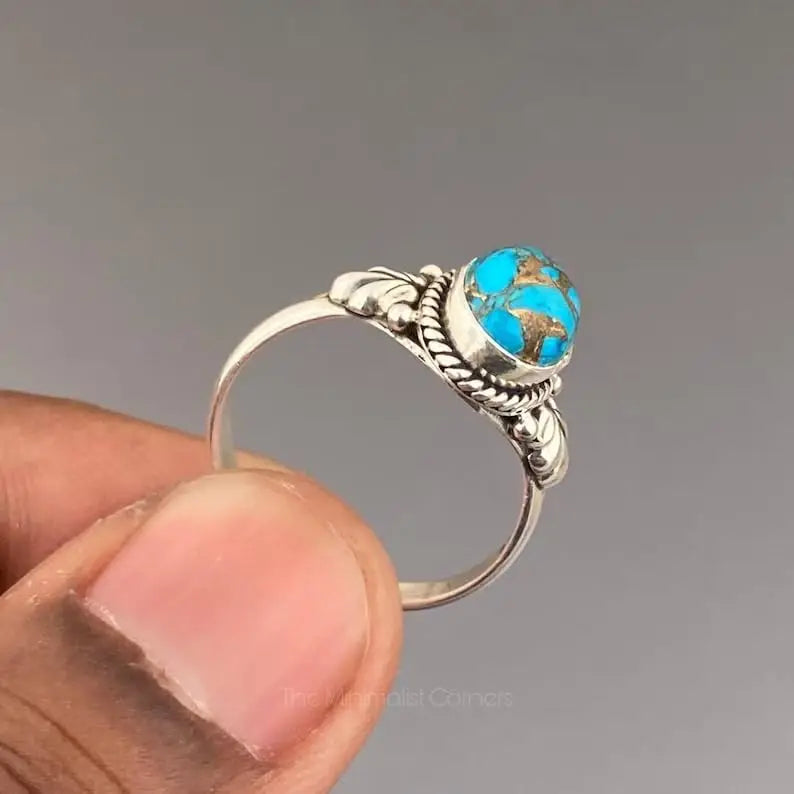 925 Sterling Silver Blue Turquoise Ring Unisex Classic Bezel Set Rhodium Plated Wedding & Party Jewelry Best Price Wholesale