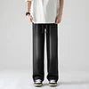 ANSZKTN Men Summer Cotton Lose Jeans Stretchy Casual Mid Waist Plus Size Elastic Band Men's Denim Wide Leg Jeans Pants