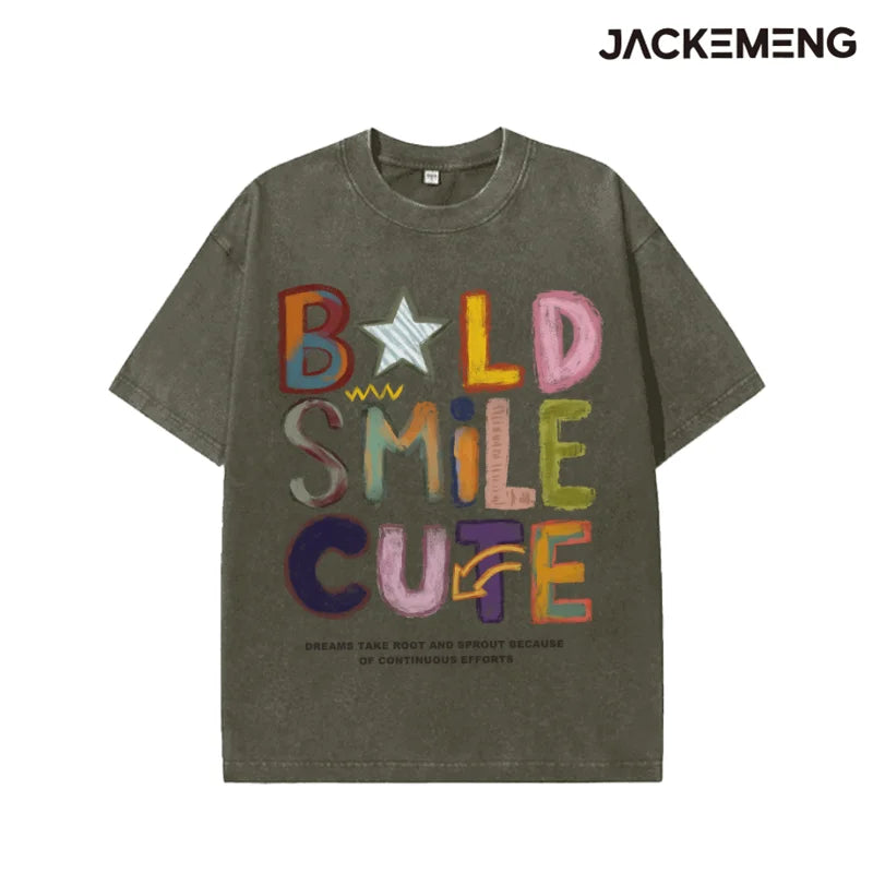 Oversized Washed Retro Colorful Streetwear Print Tshirt USA Stock Wholesale Y2K Casual Tee