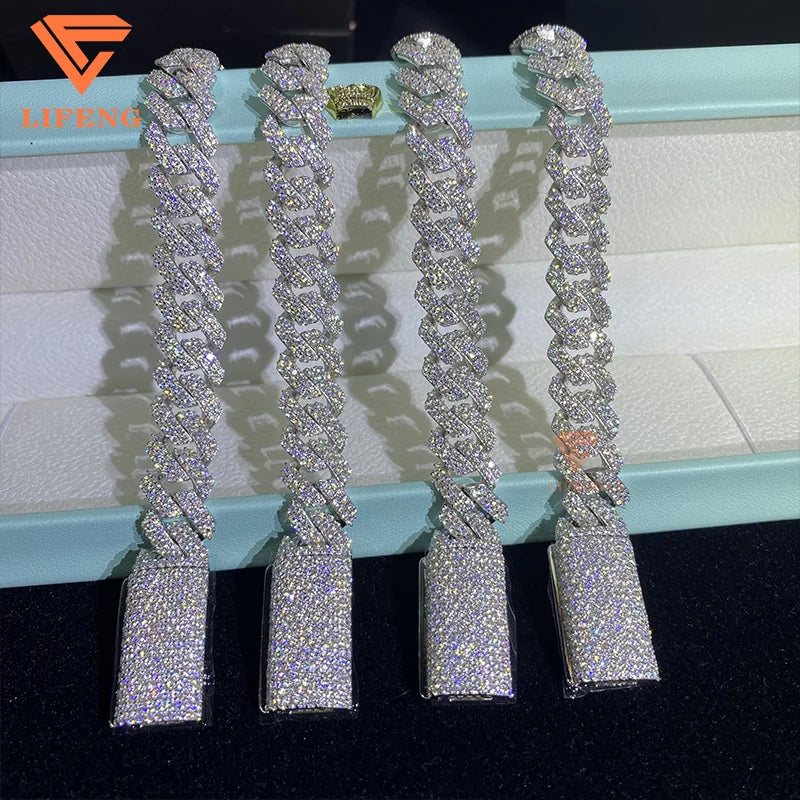 8mm 10mm 12mm 14mm Moissanite Cuban Link Chain 2-Row 925 Solid Sterling Silver  Hip Hop Bracelet VVS Moissanite Diamond for Gift