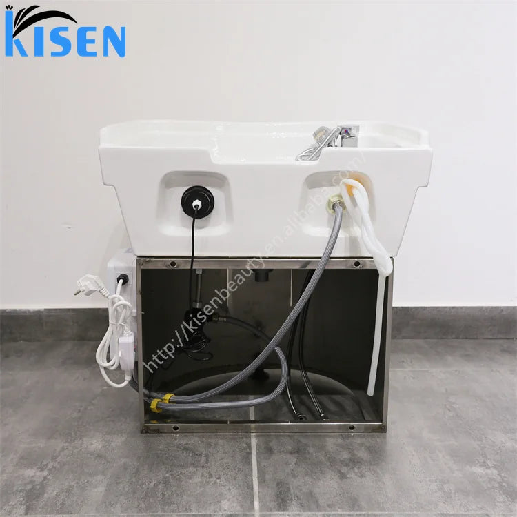 Kisen salon sink shampoo basin ceramic bowl stainless steel base use with shampoo bed massage table with plumbing