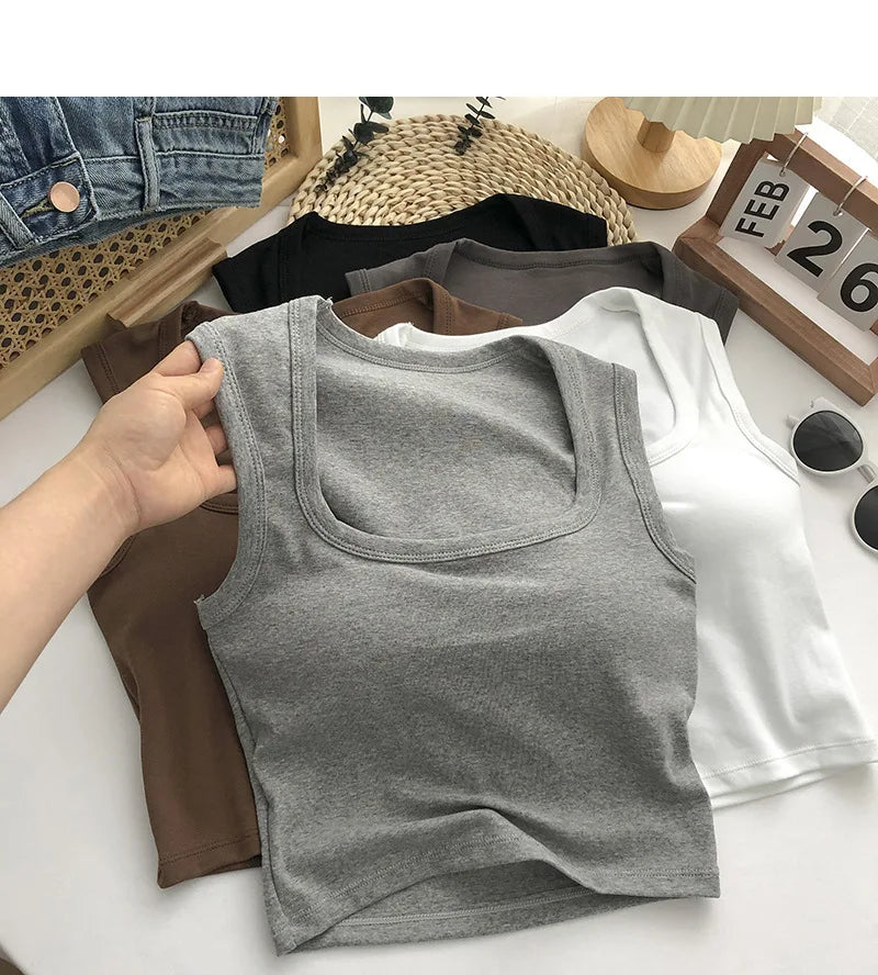 Women 2024 Summer With Chest Pad Square Collar Wide Shoulder Back Heart One Cup to Wear Sexy Inside Vest