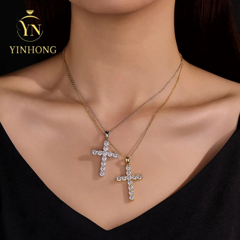 Fashion Jewelry 925 Sterling Silver Necklaces Gold Plated Fine Jewelry Moissanite Diamonds Spark Cross Charms Hip Hop Pendant