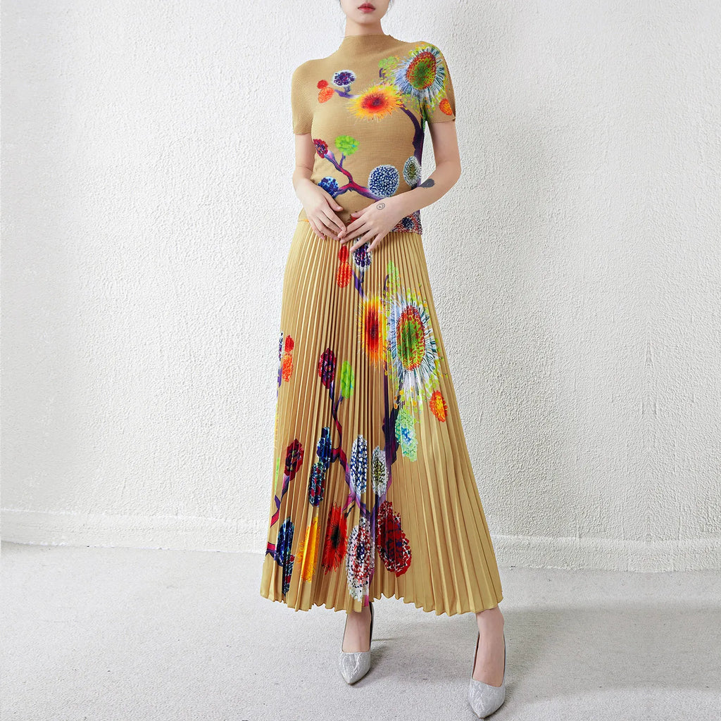 High Quality Miyake Women's Printed Pleated Skirt and Elastic O-Neck Top Loose Ankle-Length Two-Piece Set