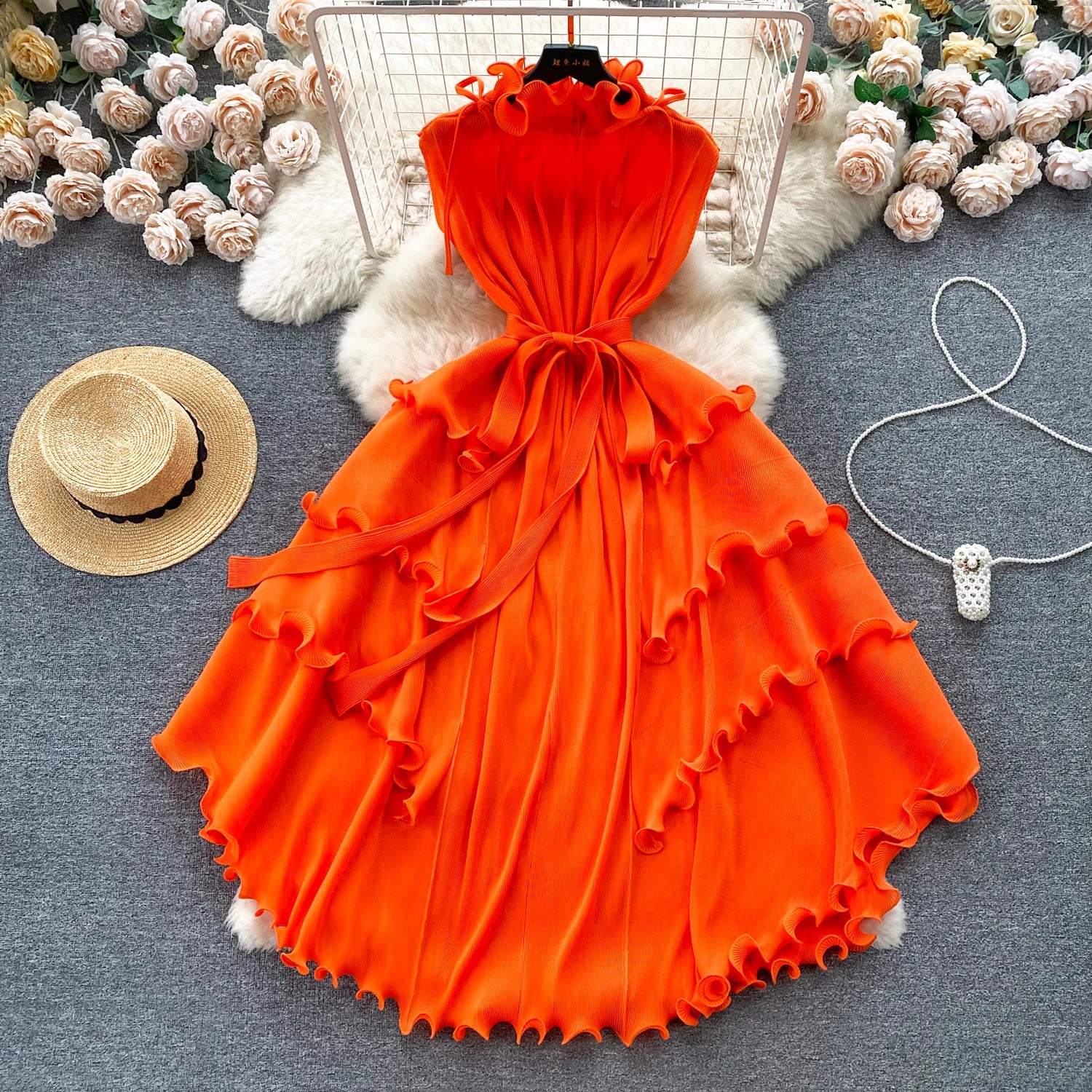 LE2509 Exquisite Chiffon Midi Pleated Dress Lady Elegant Lotus Collar Evening Gown Lady Boutique Socialite Holiday Banquet Dress
