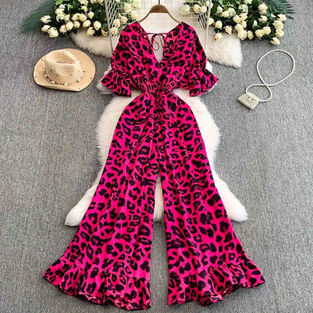 Women Sexy V Neck Short Sleeved Waist Fashion Female Ruffle Wide Leg Jumpsuit