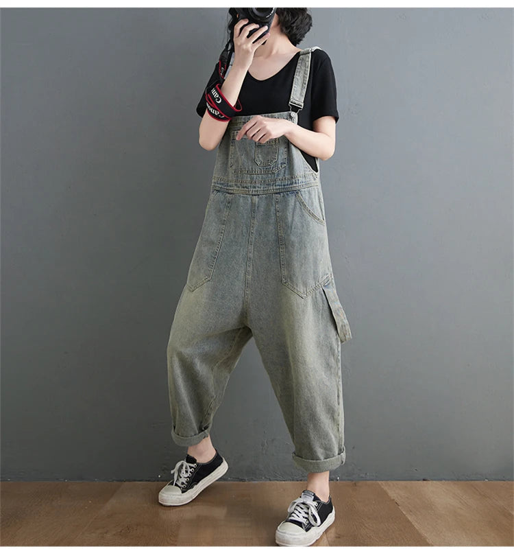 Boyfriend Loose Jeans Overalls For Women Casual Plus Size Wide Leg Denim Jumpsuit Straps Baggy Cargo Pants Big Pockets Dungarees