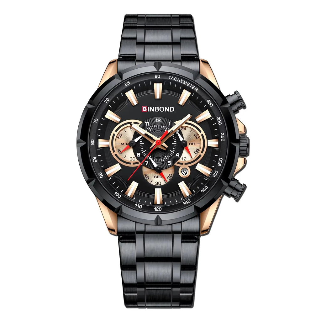 BINBOND B6395 6395 Stainless Steel Watches Men's Quartz Wristwatch Chronograph Sports Luminous Fashion Casual Pointers Men Watch