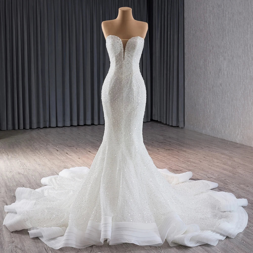 Jancember 241115 Beach Sweetheart Pearls Slim Mermaid Wedding Dress With Detachable Sleeve